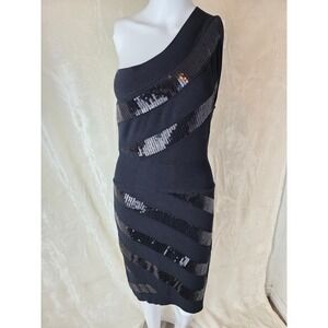 Vintage Black One Shoulder Sequin Bandage Bodycon Cocktail Dress Size L‎